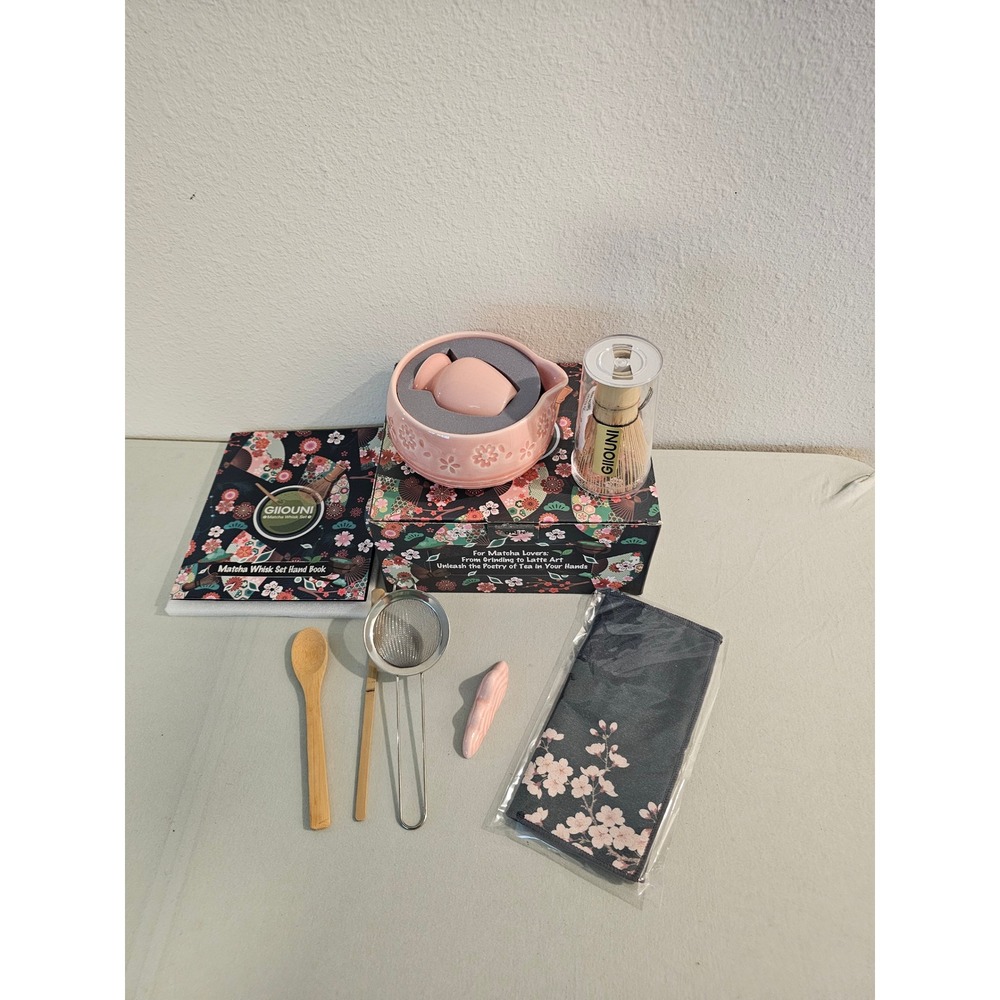 Giiouni Matcha Whisk Set Pink Ceramic Bamboo Tea Ceremony Kit With Handbook